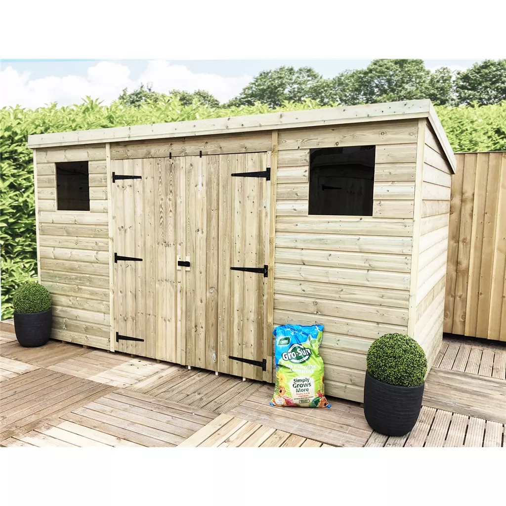 12 x 4 Pressure Treated T&G Pent Shed With 2 Windows, Double Door (centre)