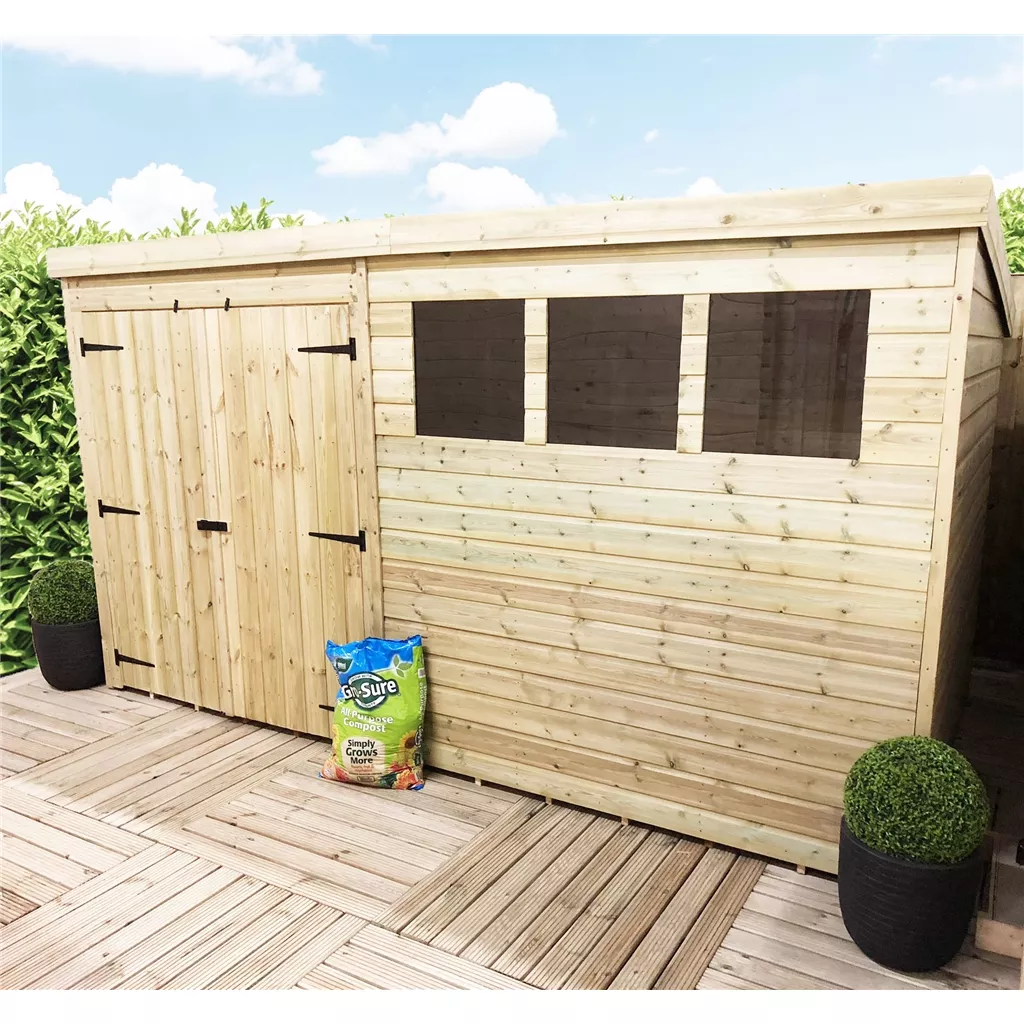14 x 5 Pressure Treated T&G Pent Shed With 3 Windows, Double Door