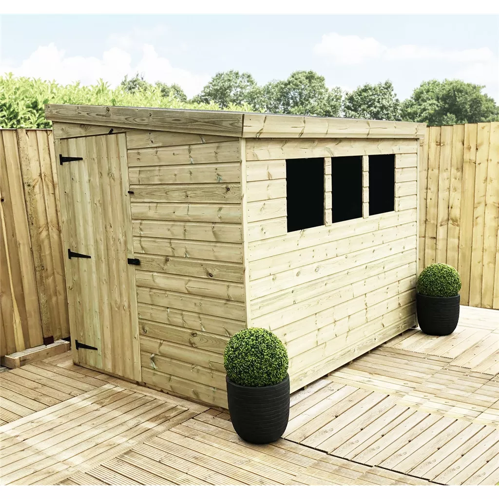 8 x 8 Reverse Pressure Treated T&G Pent Shed With 3 Windows, Single Door