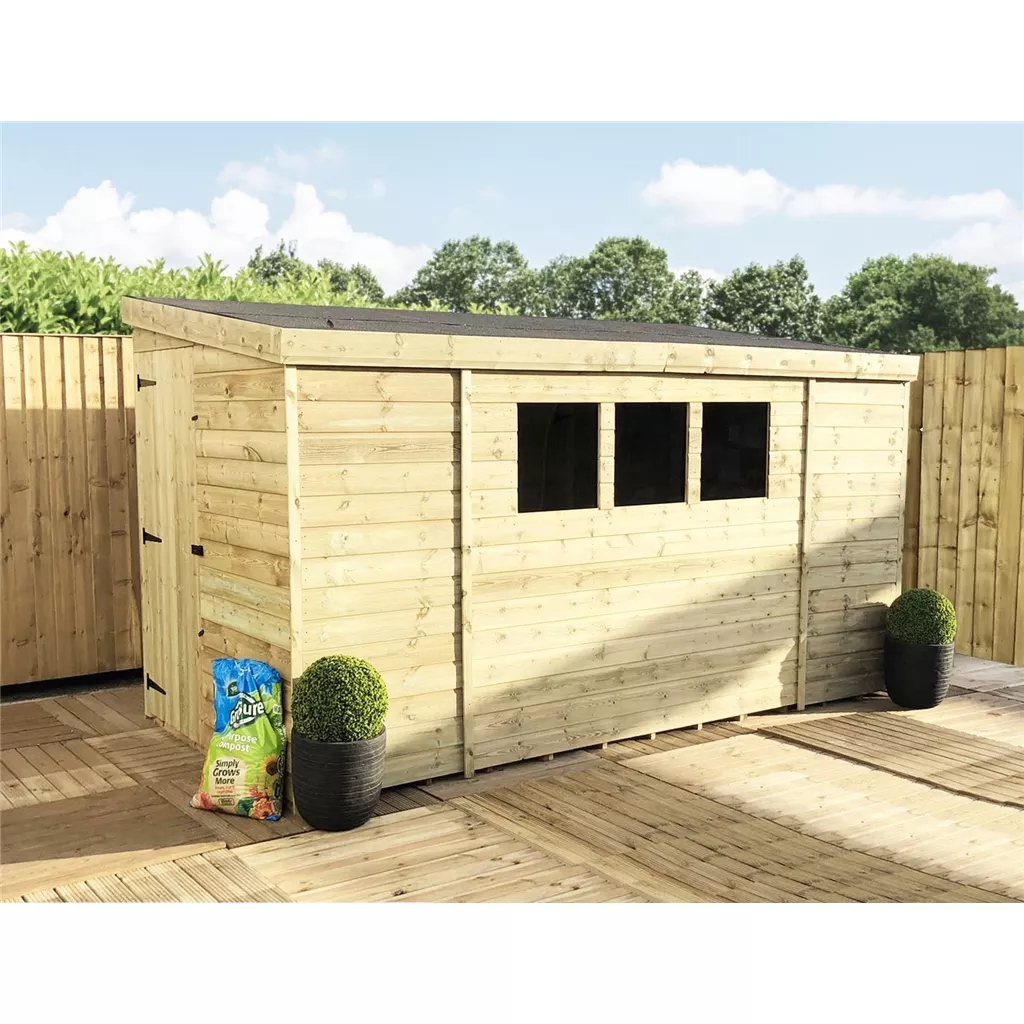 9 x 4 Reverse Pressure Treated T&G Pent Shed With 3 Windows, Single Door