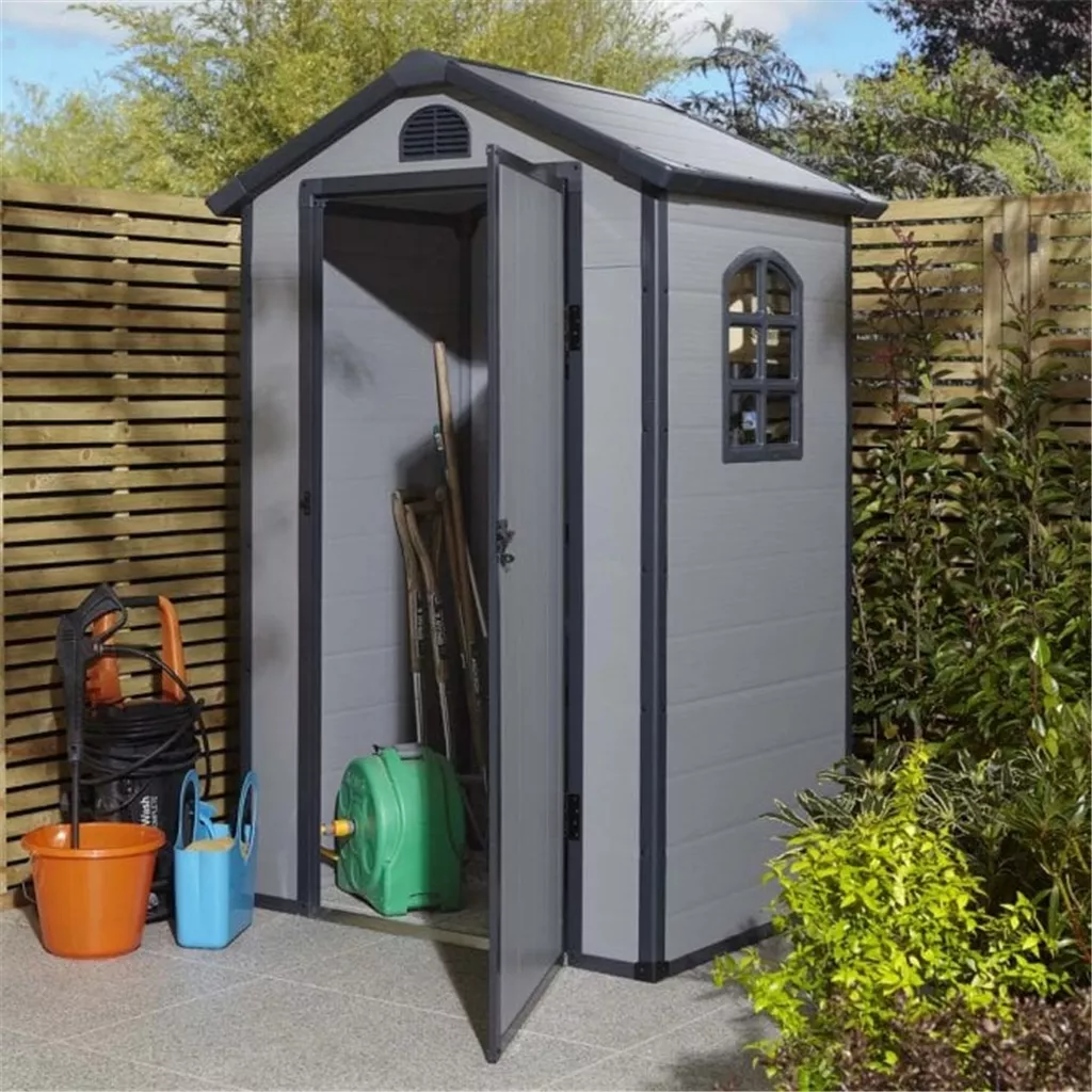 4ft x 3ft Deluxe Stratton Plastic Shed Single Door Apex Shed With Assembly & Foundation Kit - Light Grey