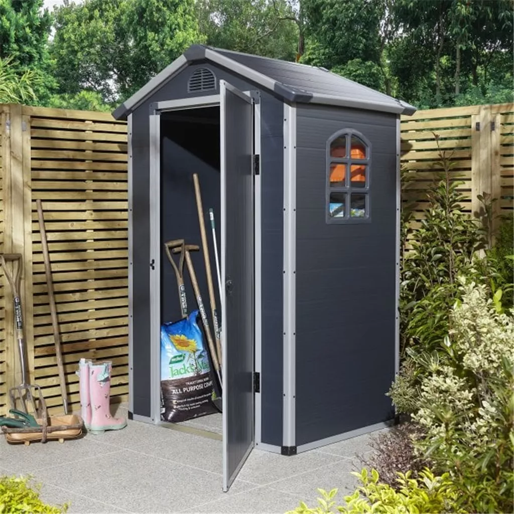 4ft x 3ft Deluxe Stratton Plastic Shed Single Door Apex Shed With Assembly & Foundation Kit - Dark Grey