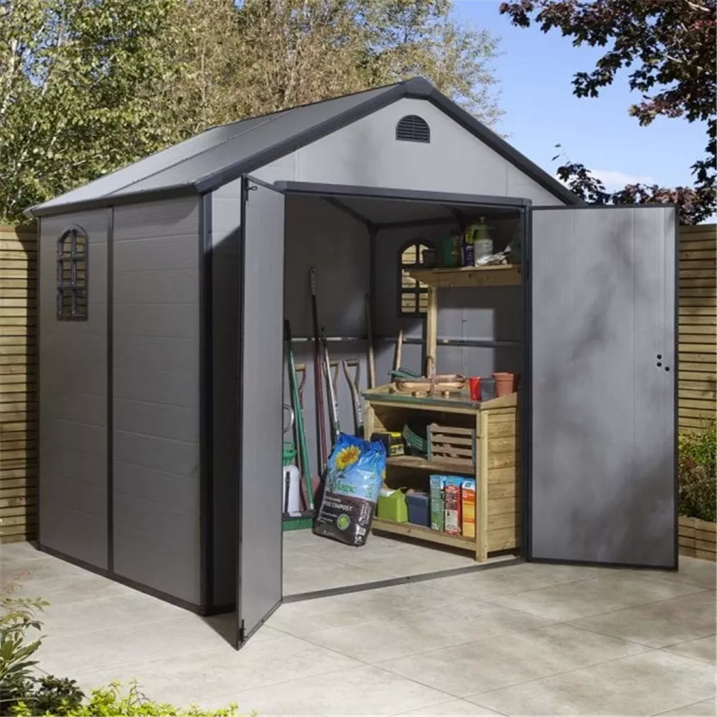 8ft x 6ft Deluxe Stratton Plastic Shed Double Door Apex Shed With Assembly - Light Grey