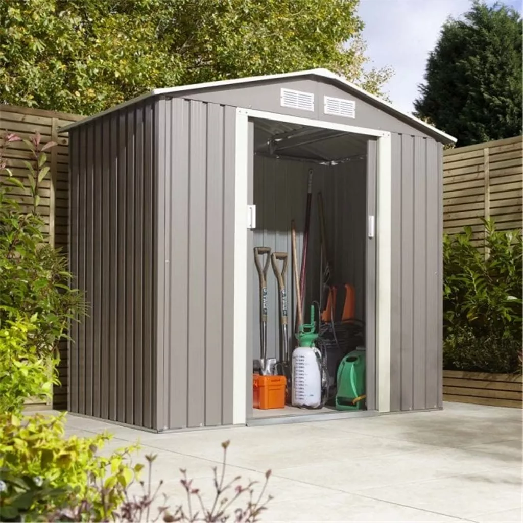 6 x 4 Deluxe Ironwood Metal Apex Shed – Double Door, Assembly – Light Grey