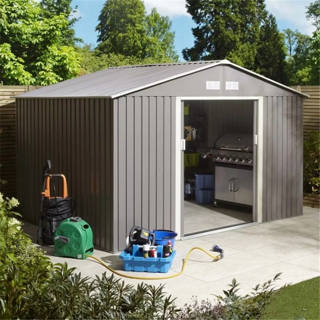 10 x 8 Deluxe Ironwood Metal Apex Shed – Double Door, Assembly & Foundation Kit – Light Grey