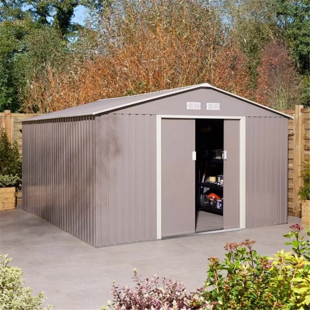 10 x 12 Deluxe Ironwood Metal Apex Shed – Double Door & Foundation Kit – Light Grey