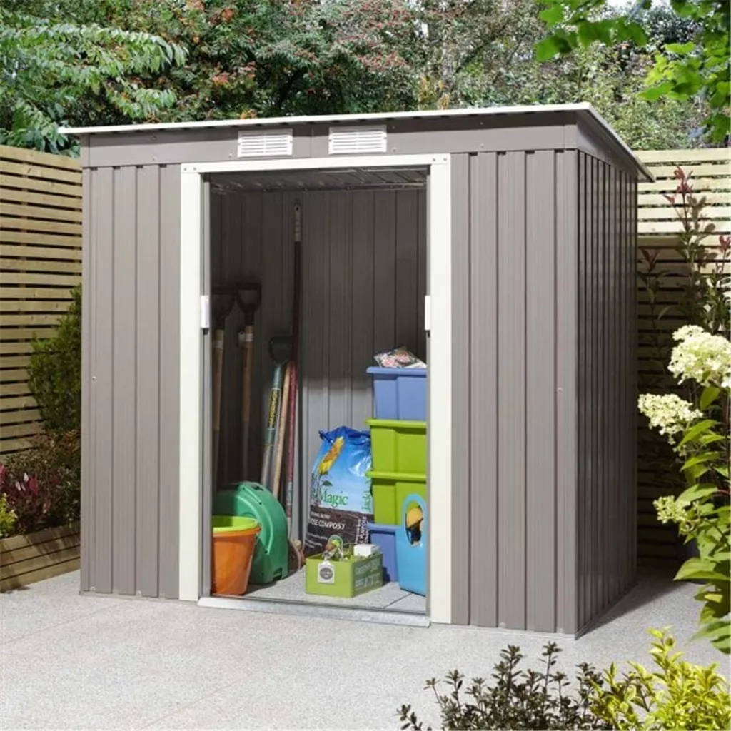 6 x 4 Deluxe Ironwood Metal Pent Shed – Single Door, Assembly & Foundation Kit – Light Grey
