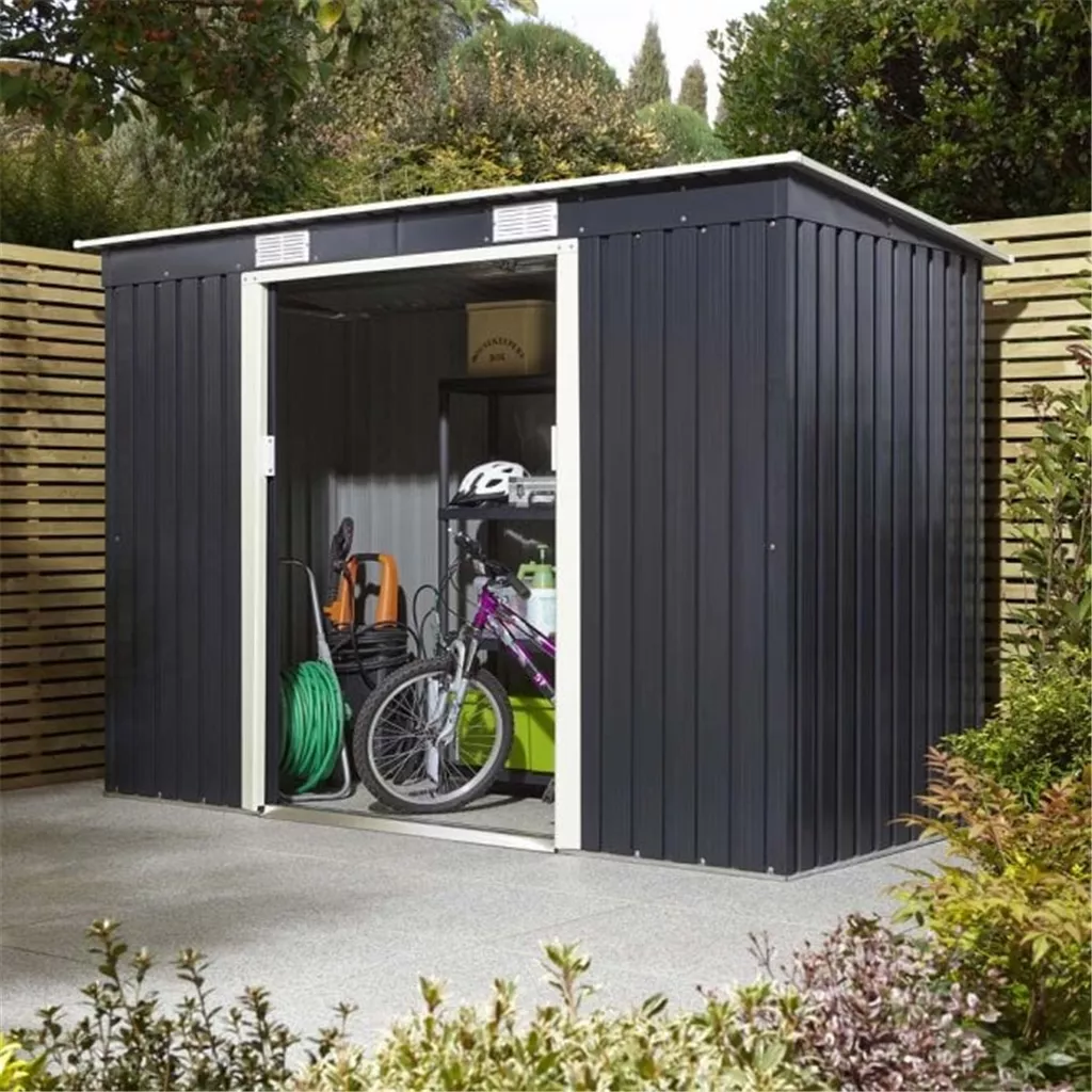 8 x 4 Deluxe Ironwood Metal Pent Shed – Single Door & Foundation Kit – Dark Grey