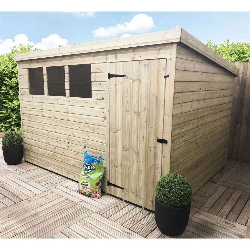 10 x 8 Pressure Treated T&G Pent Shed With 3 Windows, Single Door
