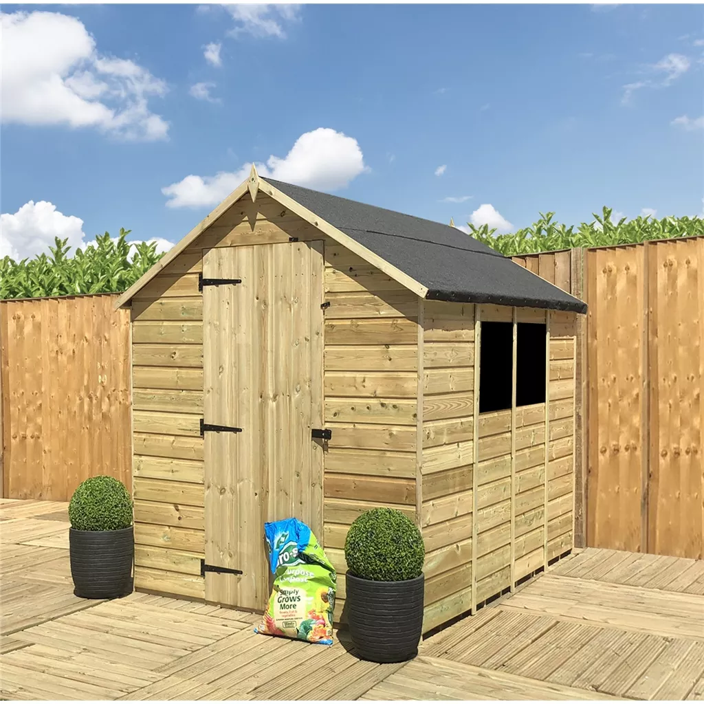 8 x 5 Pressure Treated T&G Single Door Apex Shed (low Eaves) + 2 Windows