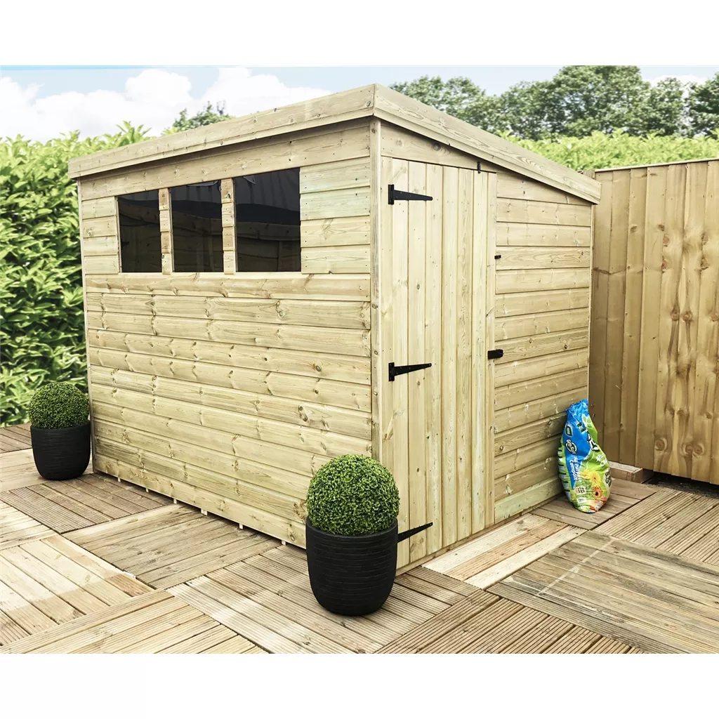 7 x 4 Pressure Treated T&G Pent Shed With 3 Windows, Single Door