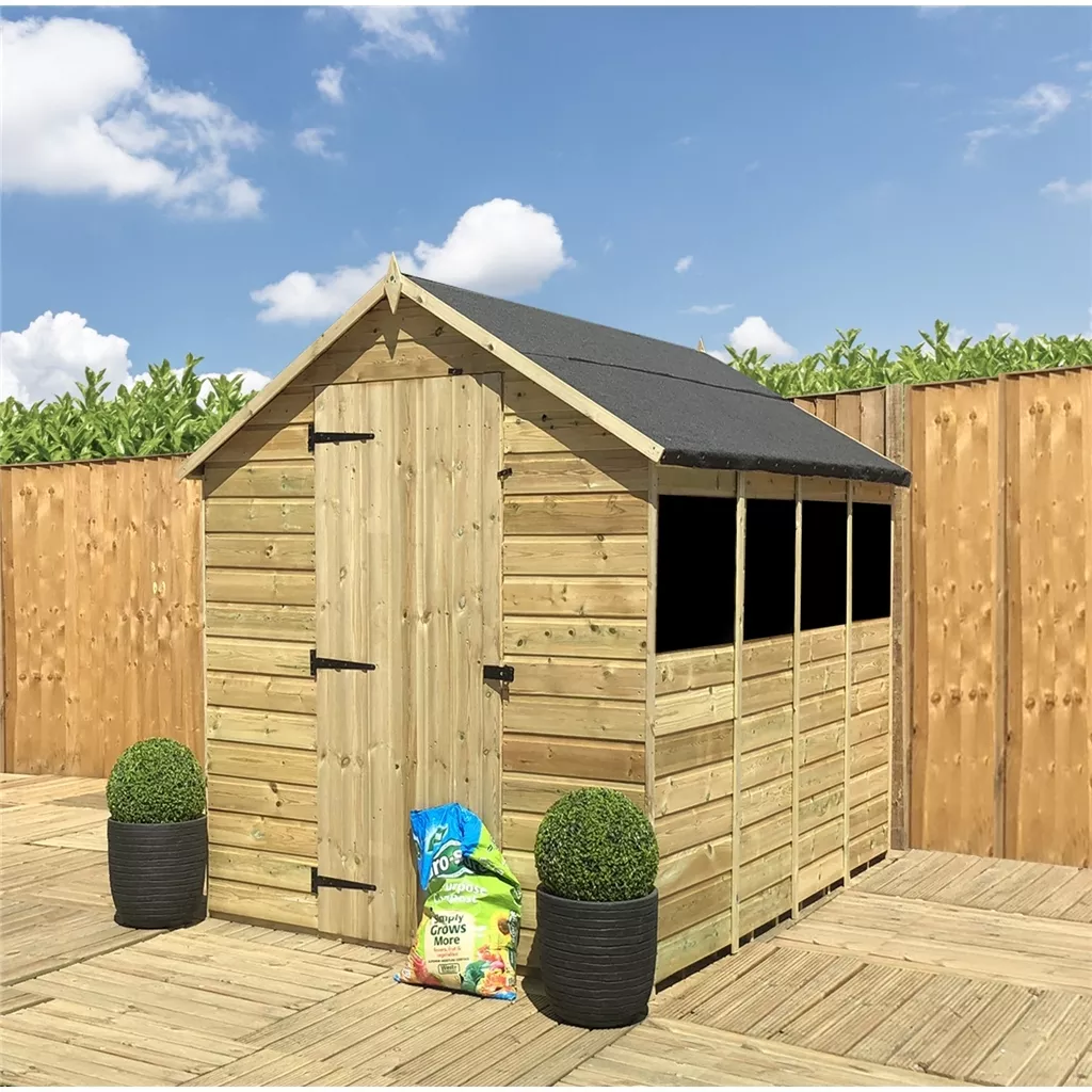 12 x 8 Pressure Treated T&G Single Door Apex Shed (low Eaves) + 4 Windows