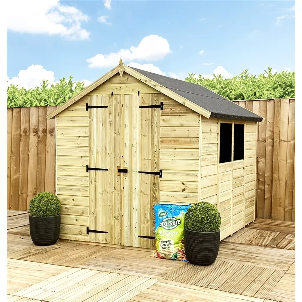8 x 4 T&G Apex Shed + Double Doors + Low Eaves + 2 Windows