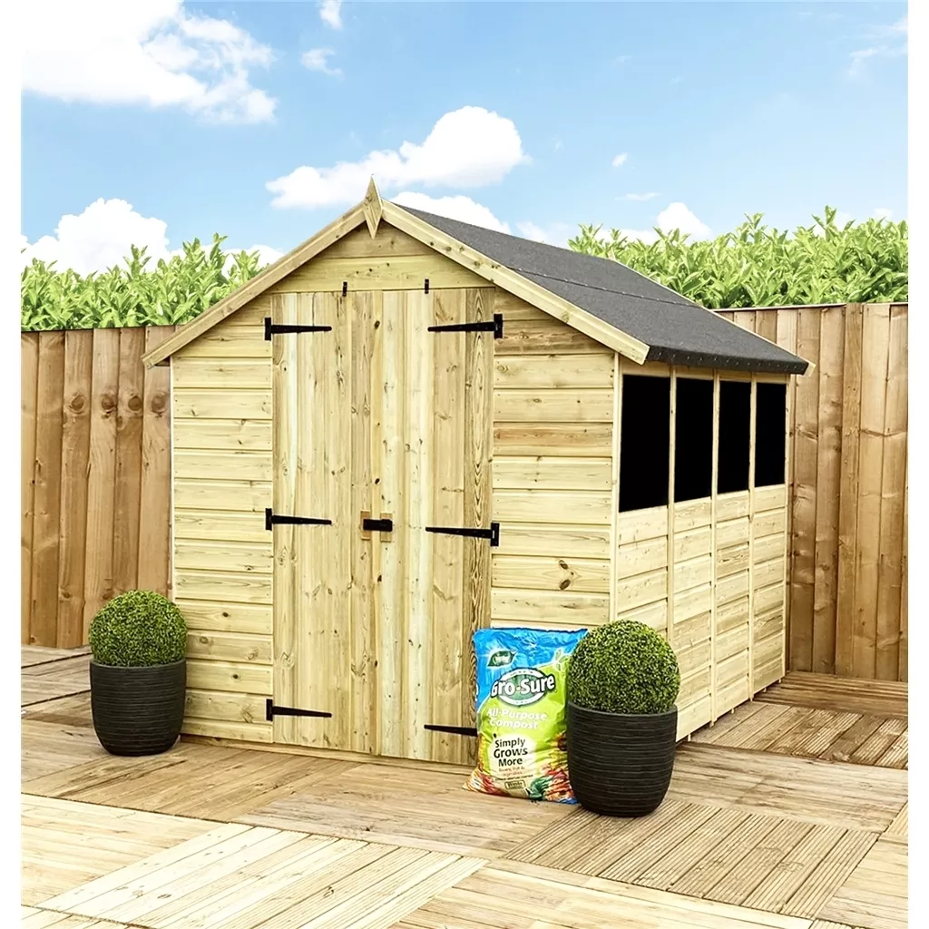 13 x 4 T&G Apex Shed + Double Doors + Low Eaves + 4 Windows