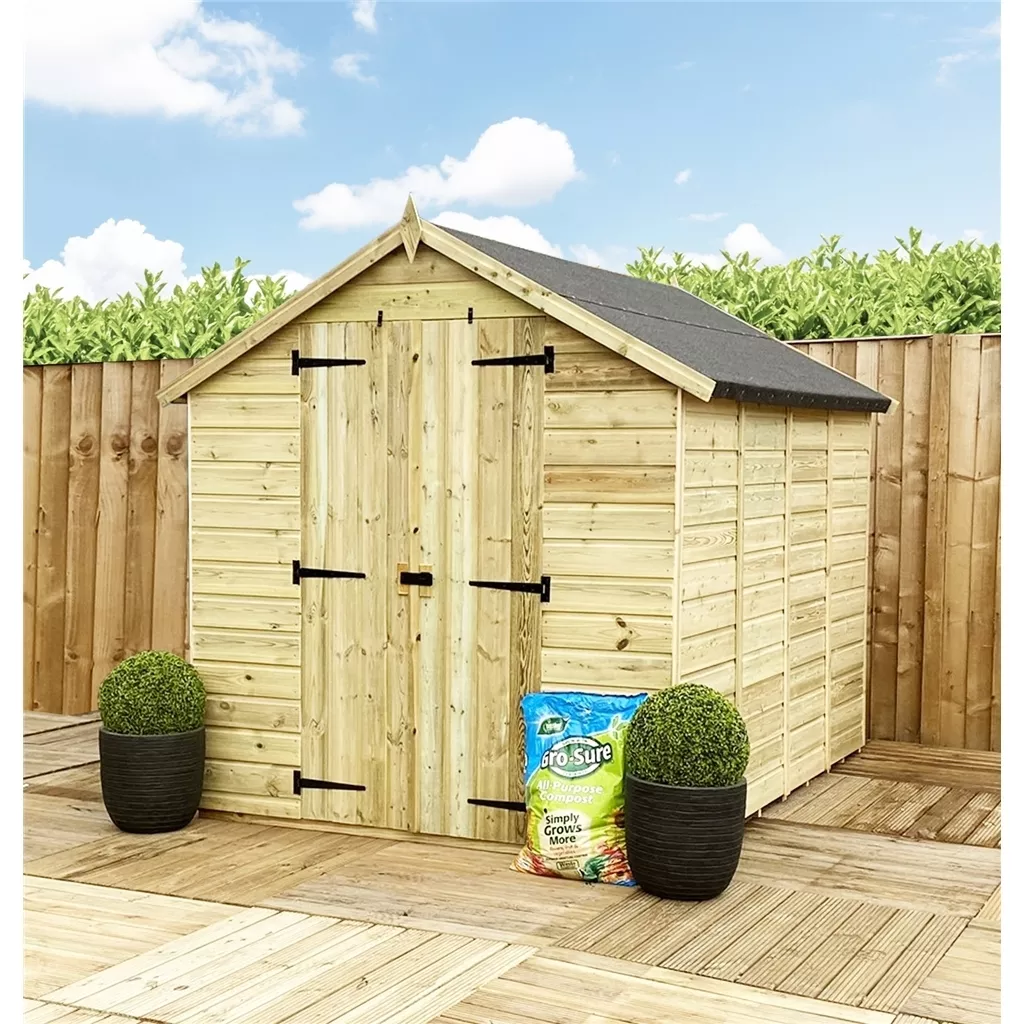 10 x 5 Windowless Pressure Treated T&G Apex Shed + Double Doors + Low Eaves