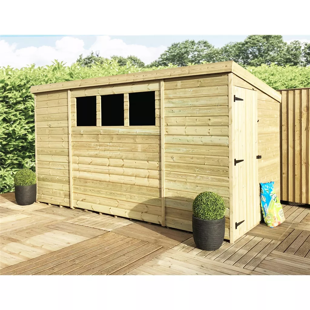 10 x 8 Pressure Treated T&G Pent Shed With 3 Windows And Single Side Door
