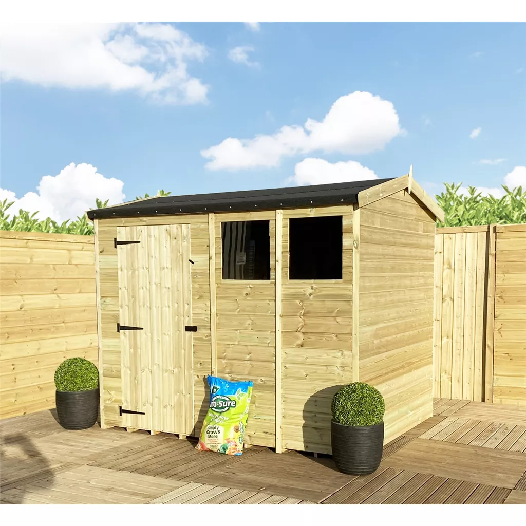 8 x 4 Reverse Pressure Treated T&G Single Door Apex Shed – High Eaves+ 2 Windows