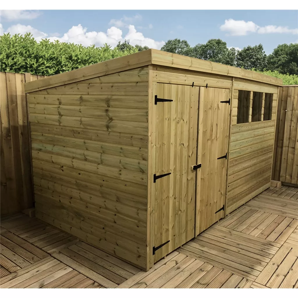 12 x 8 Large Pressure Treated T&G Pent Shed With 3 Windows, Double Door product image