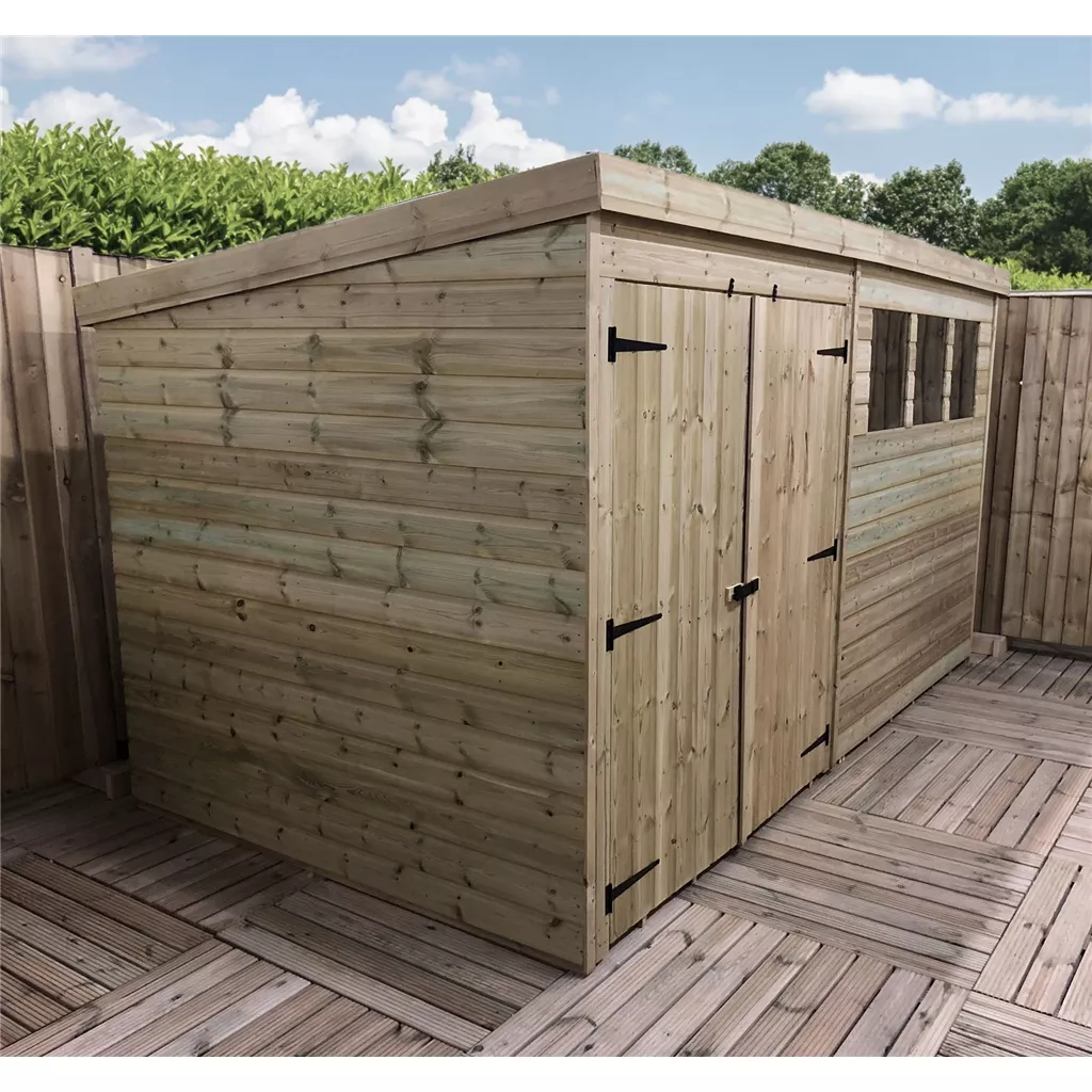 14 x 8 Large Pressure Treated T&G Pent Shed With 3 Windows, Double Door product image