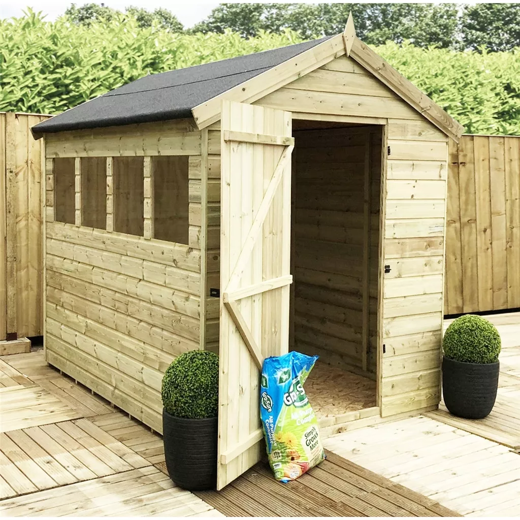 12 x 8 Premier Pressure Treated T&G Apex Shed – Higher Eaves, 6 Windows, Single Door