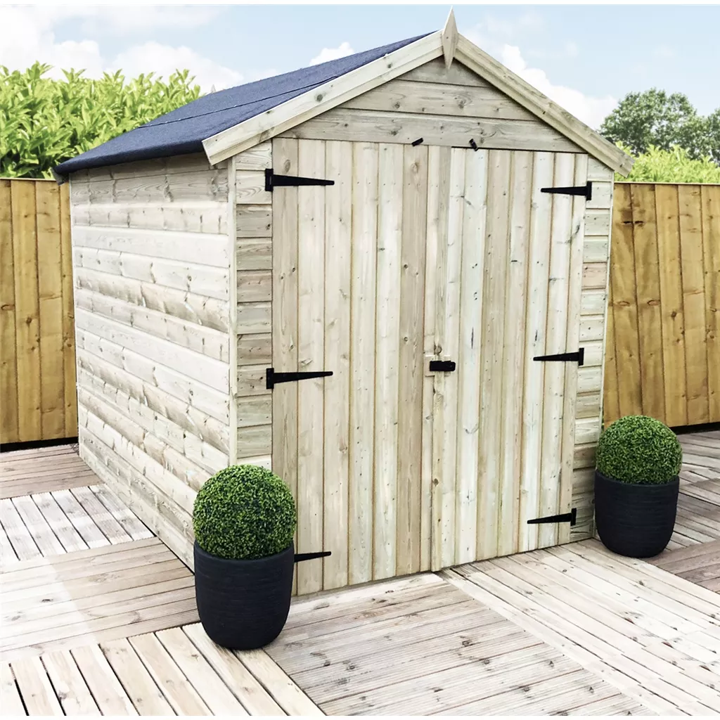 7 x 6 Windowless Premier Pressure Treated T&G Apex Shed – Higher Eaves, Double Door