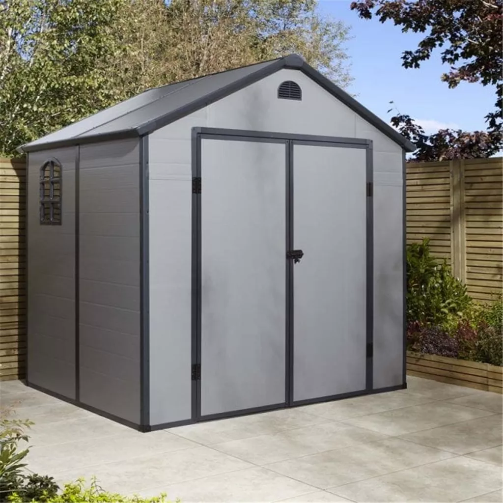 8ft x 6ft Deluxe Stratton Plastic Shed Double Door Apex Shed With Foundation Kit - Light Grey product image