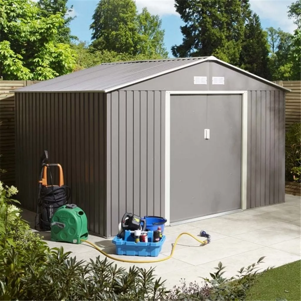 10 x 8 Deluxe Ironwood Metal Apex Shed – Double Door & Foundation Kit – Light Grey product image