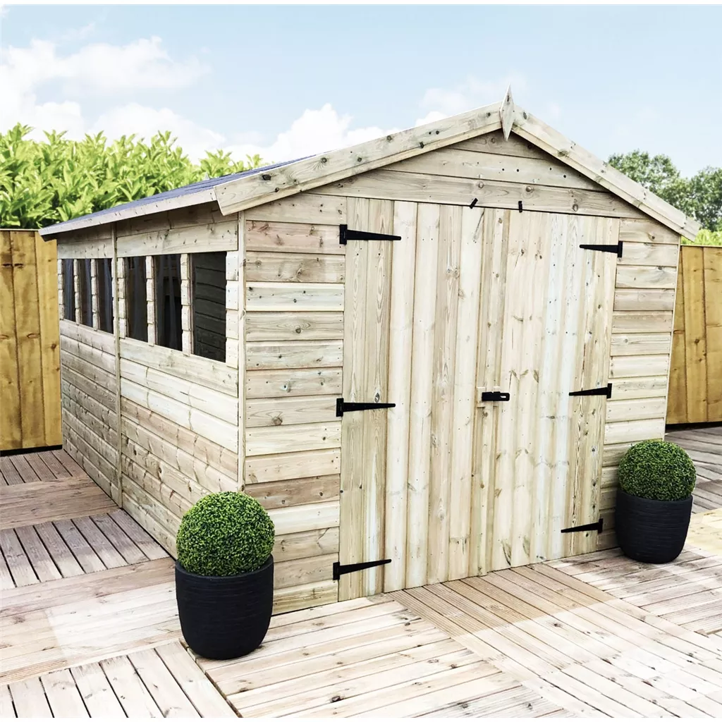 12 x 8 Premier Pressure Treated T&G Apex Shed – Higher Eaves, 6 Windows, Double Door