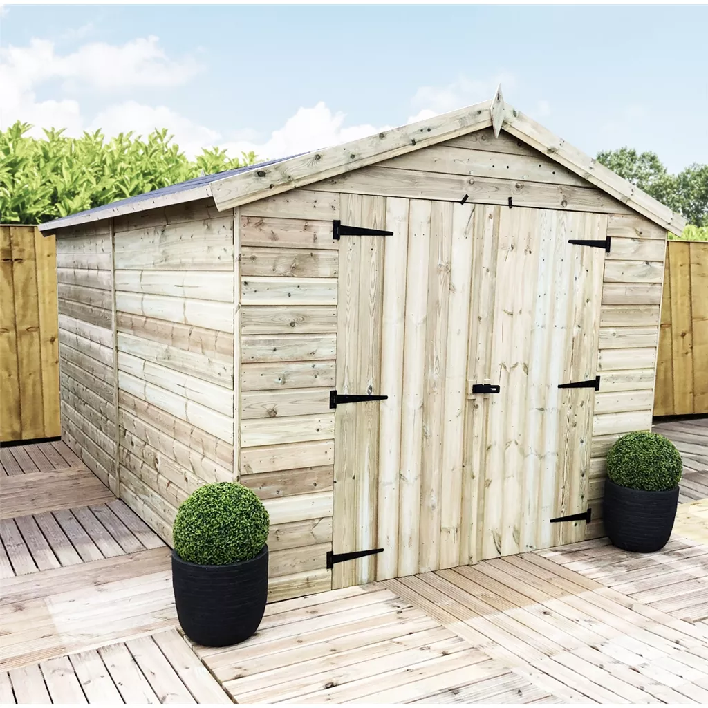 10 x 8 Windowless Premier Pressure Treated T&G Apex Shed – Higher Eaves, Double Door