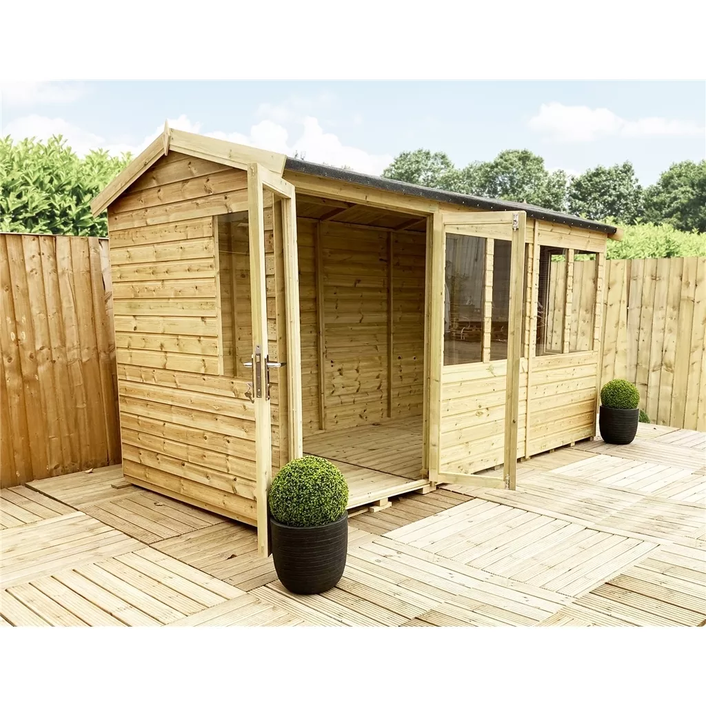 9 x 14 Reverse Pressure Treated Apex Summerhouse – High Eaves
